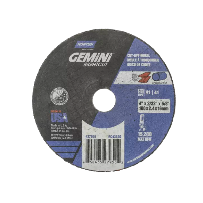 Norton Gemini, 4.5" x 0.045" x 7/8", Type 01 Small Diameter Reinforced Cut-Off Wheel
