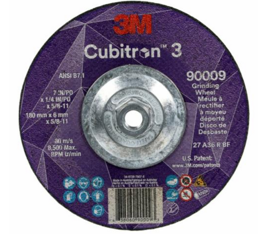 3M Cubitron 3, 7" x 1/4" x 5/8-11", T27 Quick Change Depressed Center Grinding Wheel