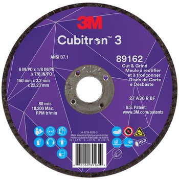 3M Cubitron 3 89162, 6" x 1/8" x 7/8", T27 Thin Cut & Grind Wheel