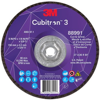 3M Cubitron 3 88991, 6" x 1/8" x 5/8-11", T27 Thin Quick Change Cut & Grind Wheel