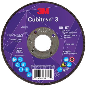 3M Cubitron 3 89157, 4-1/2" x 1/8" x 7/8", T27 Thin Cut & Grind Wheel