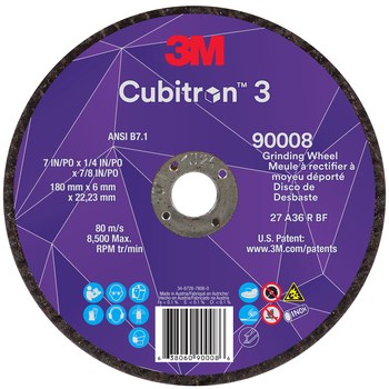 3M Cubitron 3 90008, 7" x 1/4" x 7/8", T27 Depressed Center Grinding Wheel