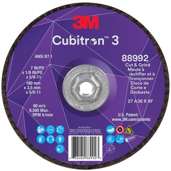 3M Cubitron 3 88992, 7" x 1/8" x 5/8-11", T27 Thin Quick Change Cut & Grind Wheel