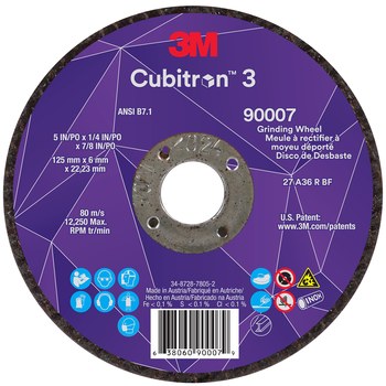 3M Cubitron 3 90007, 5" x 1/4" x 7/8", T27 Depressed Center Grinding Wheel