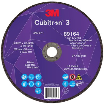 3M Cubitron 3 89164, 9" x 1/8" x 7/8", T27 Thin Cut & Grind Wheel