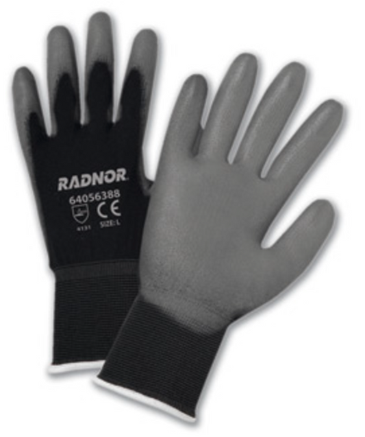 Radnor, 15-Gauge Large, Gray, Polyurethane Palm and Finger Coated with Black Nylon Liner and Kint Write Work Gloves