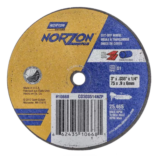 Norton Norzon Pluz, 3" x 0.035" x 3/8", Type 01 Small Diameter Reinforced Cut-Off Wheel