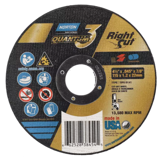 Norton Quantum 3 Rightcut, 4.5" x 0.045" x 7/8", Type 01 Small Diameter Reinforced Cut-Off Wheel