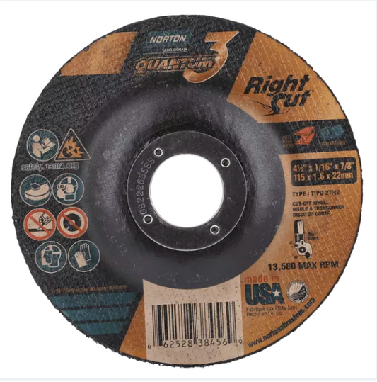 Norton Quantum 3, 4-1/2" x 1/16" x 5/8-11", Type 27/42 Small Diameter Reinforced Cut-Off Wheel