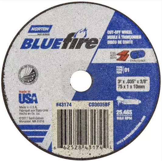 Norton BlueFire, 3" x 0.035" x 3/8", Type 01 Small Diamenter Reinforced Cut-Off Wheel