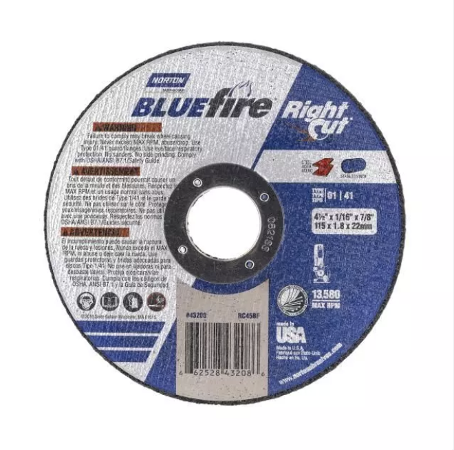 Norton BlueFire Rightcut, 4.5" x 1/16" x 7/8", Type 01 Small Diameter Reinforced Cut-Off Wheel