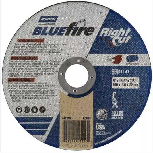 Norton BlueFire Rightcut, 6" x 1/16" x 7/8", Type 01 Small Diameter Reinforced Cut-Off Wheel