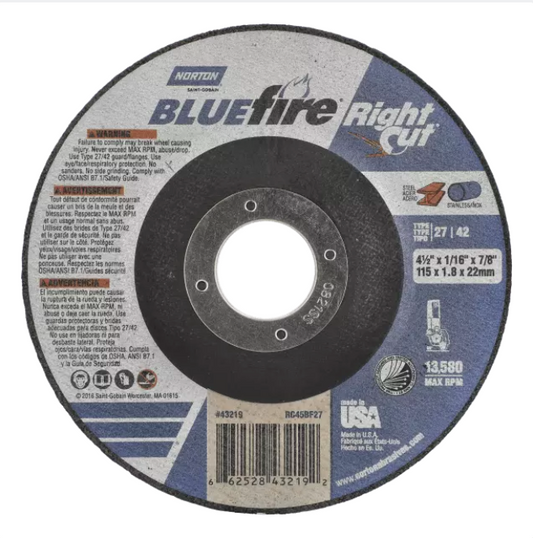 Norton BlueFire, 4-1/2" x 1/16" x 7/8", Type 27 Small Diameter Reinforced Cut-Off Wheel