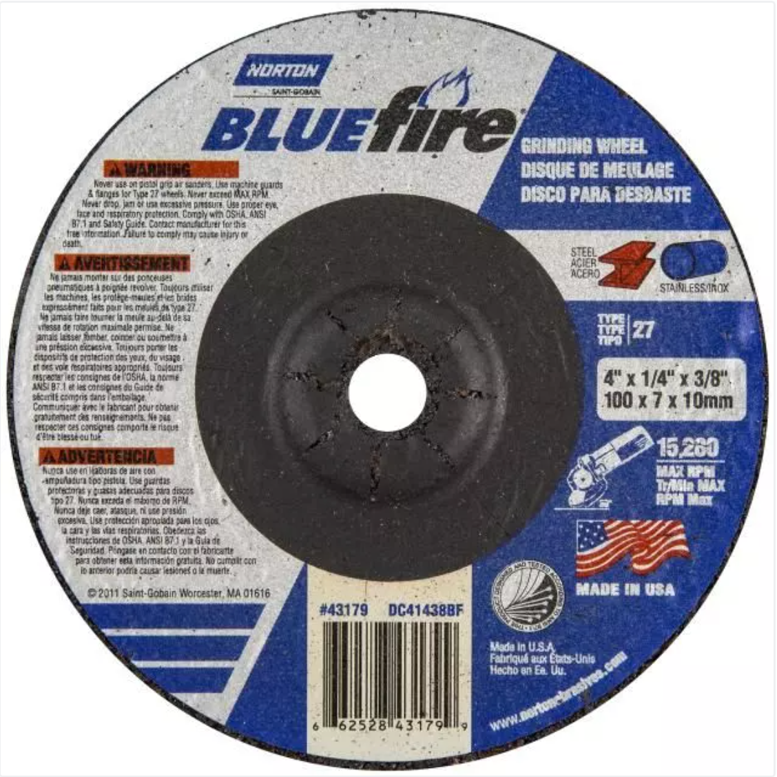 Norton BlueFire, 9" x 1/4" x 7/8", Type 27 Depressed Center Grinding Wheel