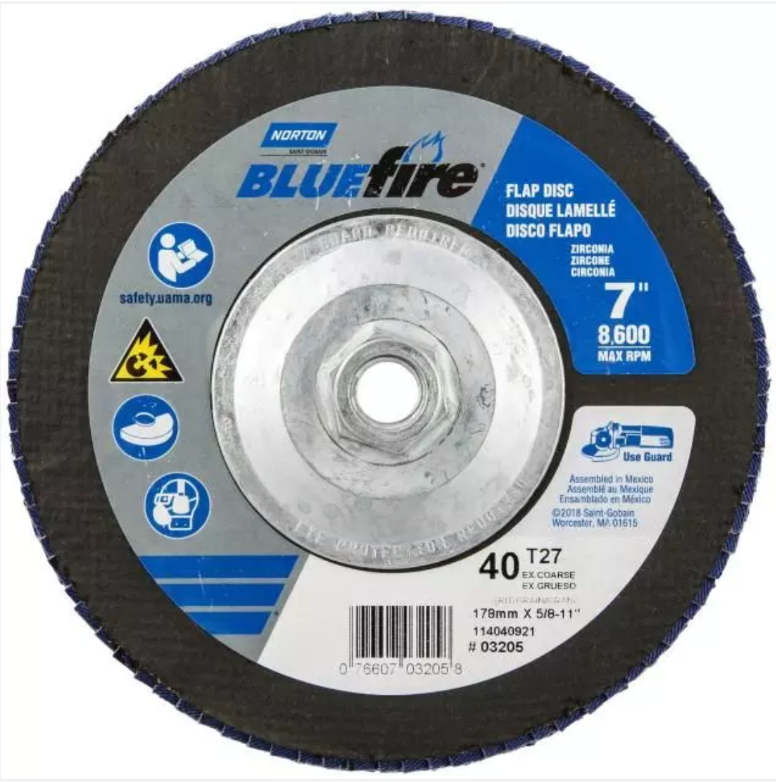 Norton BlueFire R860, 5" x 5/8-11" 40 Grit, Type 29 Conical Flap Disc