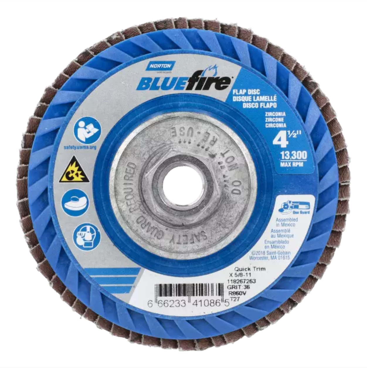 Norton BlueFire R860, 4-1/2" x 5/8-11" 40 Grit, Type 27 Flat Flap Disc