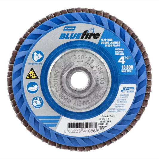 Norton BlueFire R860, 4-1/2" x 5/8-11" 40 Grit, Type 27 Flat Flap Disc