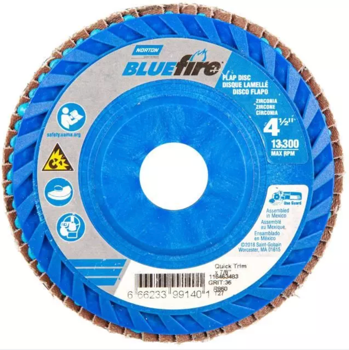 Norton BlueFire R860, 4-1/2" x 7/8" 80 Grit, Type 27 Flat Flap Disc