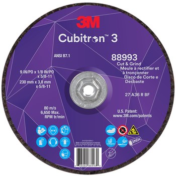 3M Cubitron 3 88993, 9" x 1/8" x 5/8-11", T27 Thin Quick Change Cut & Grind Wheel