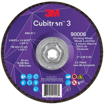 3M Cubitron 3, 6" X 1/4" X 5/8-11", T27 Quick Change Depressed Center Grinding Wheel