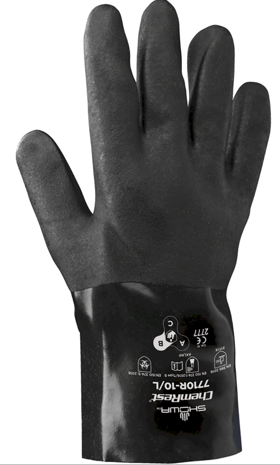 Showa, Large 14", Black Knight, Rough Finish with A Cotton Jersey Liner Gauntlet and Sanitized Chemical Resistant PVC Coated Gloves