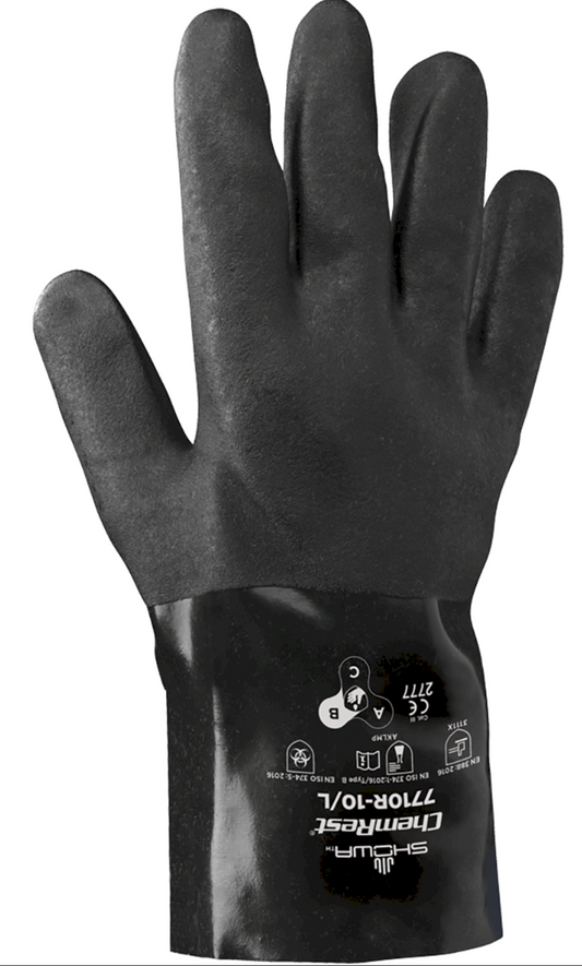 Showa, Large 10", Black Knight, Rough Finish with A Cotton Jersey Liner Gauntlet and Sanitized Chemical Resistant PVC Coated Gloves