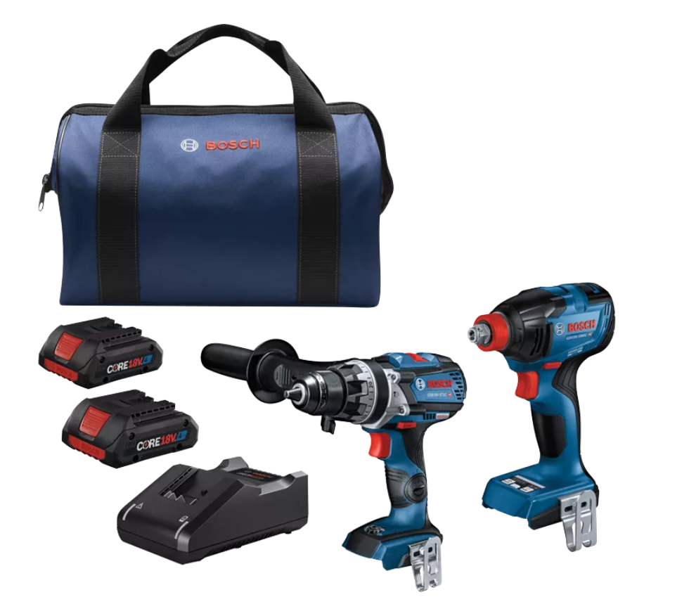 Bosch, 18V, 2-Tool Brushless Combo Kit - GDX18V-1860C, Socket Ready Impact Driver - GSB18V-975C, 1/2", 4.0 Ah. CORE Compact Battery, Brute Tought Hammer Drill/Driver