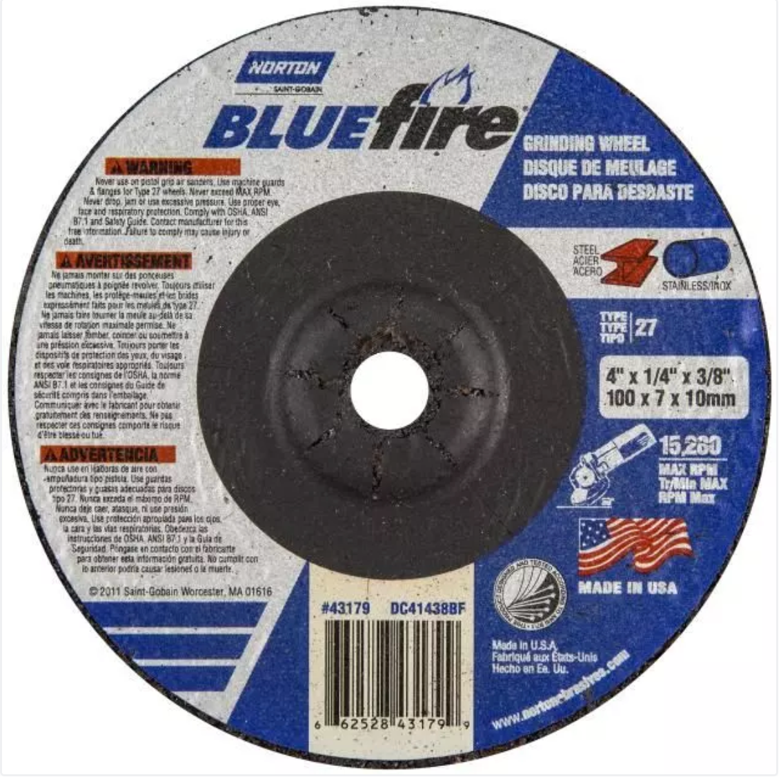 Norton BlueFire, 5" x 1/4" x 7/8", Type 27 Depressed Center Grinding Wheel