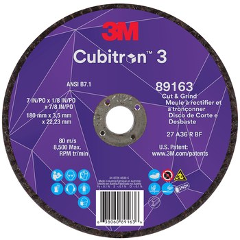 3M Cubitron 3 89163, 7" x 1/8" x 7/8", T27 Thin Cut & Grind Wheel