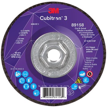 3M Cubitron 3 89158, 4-1/2" x 1/8" x 5/8-11", T27 Thin Quick Change Cut & Grind Wheel